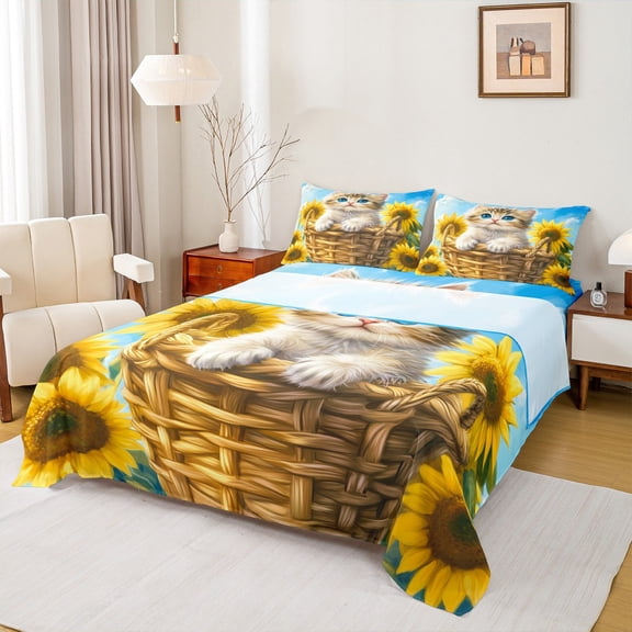 Castle Fairy Kawaii Cat Twin Sheet Sets 3pcs for Boys Girls,Chic Floral Sunflower Twin Fitted Sheet Microfiber,Rustic Farmhouse Breathable Flat Sheet,Microfiber Bedroom Decor