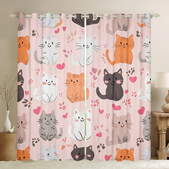 Castle Fairy Kawaii Cats Black Out Curtains for Teens Boys Girls,Cartoon Animal Curtains Pack Of 2 (42X63 Each),Love Heart Print Bedroom Curtains,Super Cozy Room Decor