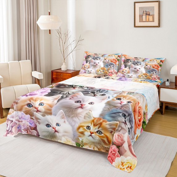 Castle Fairy Kawaii Cats Full Size Sheets for Boys Girls,Chic Floral Flowers Bed Sheets