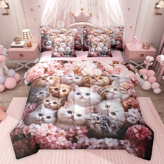Castle Fairy Kawaii Cats Twin Bedding Sets,Chic Floral Flowers Bedding Comforter Set