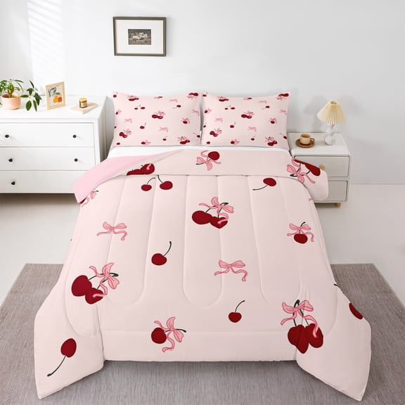 Castle Fairy Kawaii Cherry Bow 3-Piece Full Size Comforter Sets for Girls Women Teens,Dreamy Princess Bedding Comforter Set,Cute Bowknot Lightweight Bedding Sets,Ultra Soft Home Decor