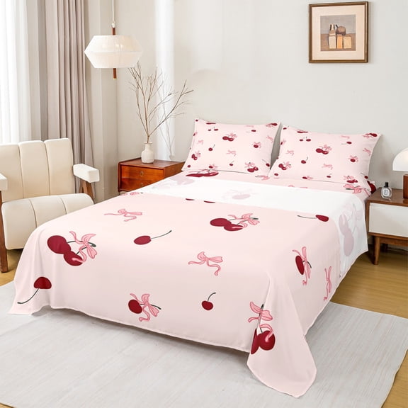 Castle Fairy Kawaii Cherry Bow 4 Pieces Queen Sheet Sets for Girls Women Teens,Dreamy Princess Ultra Soft Flat Sheet,Cute Bowknot Queen Fitted Sheet,Ultra Soft Home Decor