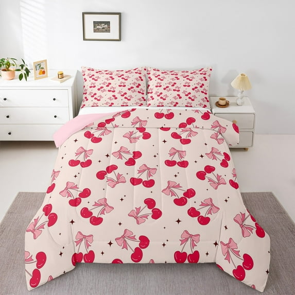 Castle Fairy Kawaii Cherry Bow Tie 3-Piece Full Size Comforter Sets for Children Girls,Stars Print Bedding Comforter Set,Dreamy Princess Lightweight Bedding Sets,Microfiber Bedroom Decor