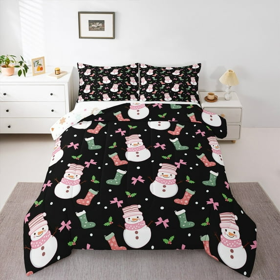 Castle Fairy Kawaii Christmas Bowknot Snowman Full Size Comforter Sets 3-Piece for Teens,Polka Dots Bedding Comforter Set,Happy Winter Xmas Lightweight Bedding Sets,Ultra Soft Home Decor,Reversible