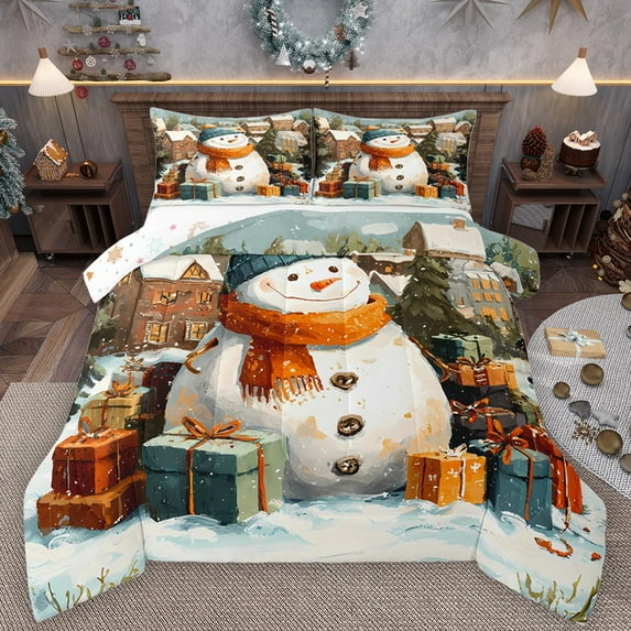 Castle Fairy Kawaii Christmas Snowman Bedding Comforter Set 2pcs for Preppy Child Kids,Xmas Festival Twin Comforter Sets Microfiber,Happy New Year Breathable Bedding Set,Lightweight Room Decor