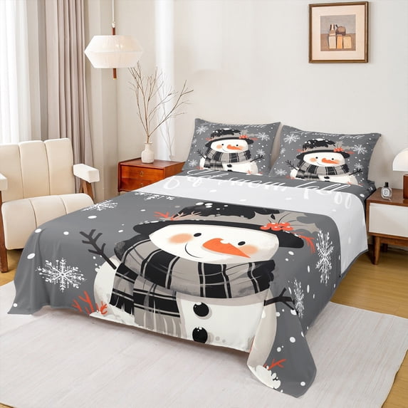 Castle Fairy Kawaii Christmas Snowman Full Size Sheets 4-Piece for Preppy Child Kids,Xmas Winter Snowflakes Breathable Bed Sheets,Happy New Year Lightweight Sheet Sets,Lightweight Room Decor