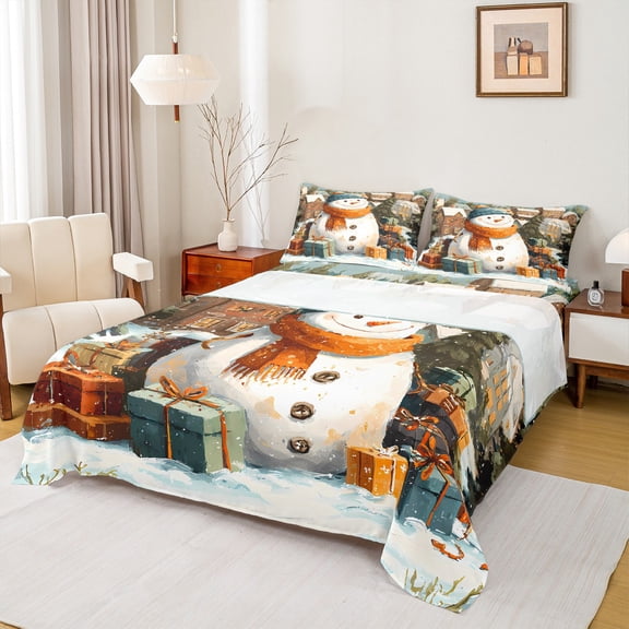 Castle Fairy Kawaii Christmas Snowman Twin Sheet Sets 3pcs for Preppy Child Kids,Xmas Festival Twin Fitted Sheet Microfiber,Happy New Year Breathable Flat Sheet,Lightweight Room Decor