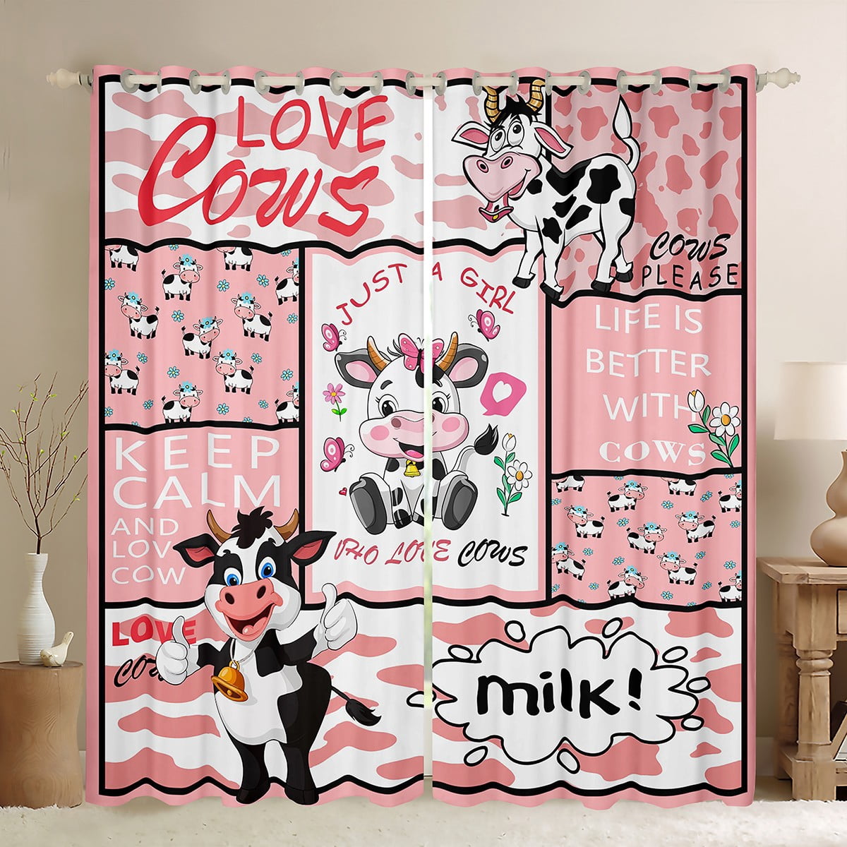 Castle Fairy Kawaii Cow Curtains Pack of 2 (42x84 Each) for Boys Girls,Cartoon Farmhouse Animal Curtains Blackout,Black Pink Bedroom Curtains,Luxury Bedroom Decor