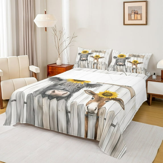 Castle Fairy Kawaii Cow Donkey 4pcs Bed Sheets for Children Teens Adults,Farmhouse Animal Sunflowers King Sheets,Retro Cabin Aesthetic Super Cozy Sheet Set,Lightweight Room Decor