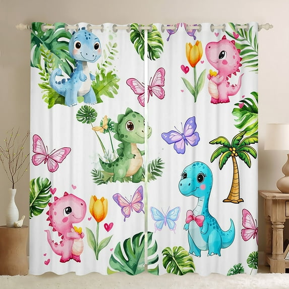 Castle Fairy Kawaii Dinosaur Black Out Curtains for Children Kids Boys,Flying Butterflies Curtains Pack Of 2 (42X63 Each),Cartoon Dino Bedroom Curtains,Microfiber Bedroom Decor