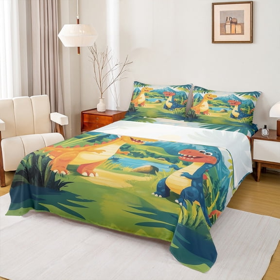 Castle Fairy Kawaii Dinosaur Twin Sheet Sets 3pcs for Children Kids Teens,Cartoon Animal Dino Twin Fitted Sheet Microfiber,Jungle Wildlife Breathable Flat Sheet,Super Cozy Room Decor