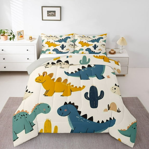 Castle Fairy Kawaii Dinosaurs Bedding Comforter Set 2pcs for Kids Children,Cartoon Animal Dino Twin Comforter Sets Microfiber,Cute Woodland Wildlife Breathable Bedding Set,Super Cozy Room Decor