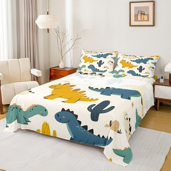 Castle Fairy Kawaii Dinosaurs Twin Sheet Sets 3pcs for Kids Children,Cartoon Animal Dino Twin Fitted Sheet Microfiber,Cute Woodland Wildlife Breathable Flat Sheet,Super Cozy Room Decor