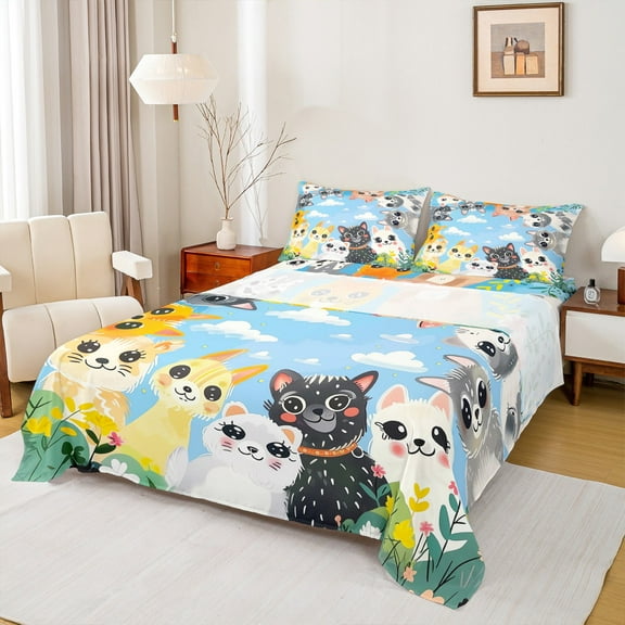 Castle Fairy Kawaii Dogs 3pcs Twin Sheet Sets,Chic Flower Twin Fitted Sheet,Floral Animal Breathable Flat Sheet,Ultra Soft Cartoon Home Decor