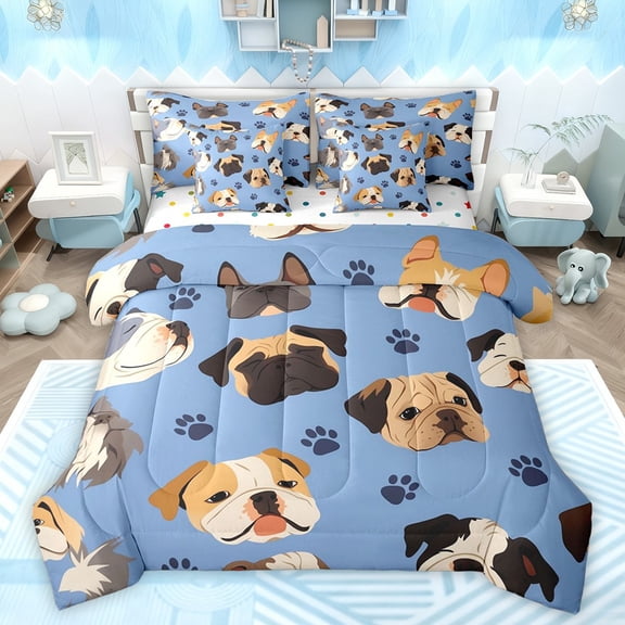 Castle Fairy Kawaii Dogs Bedding Comforter Set 7pcs for Preppy Child,Cartoon Animal Queen Bedding Sets Super Cozy,Cute Pets Queen Sheet Sets,Super Cozy Room Decor,Reversible