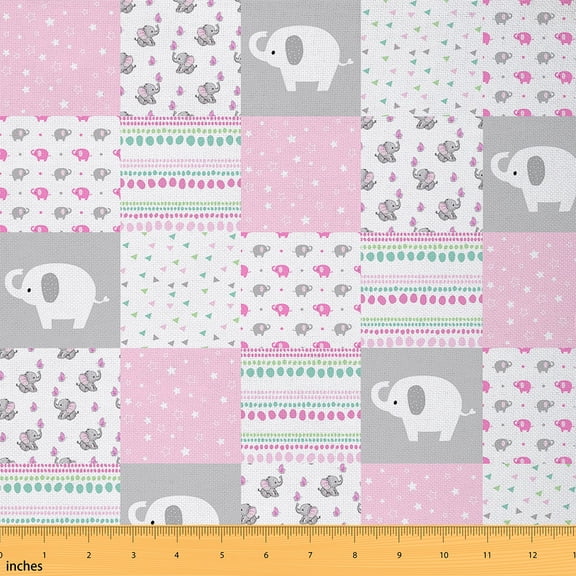 Castle Fairy Kawaii Elephant Fabric by the Yard 2 Yard,Grey Pink Sewing Fabric,Polka Dots Home Decor Fabric by the Yard,Super Cozy Geometric Room Decor