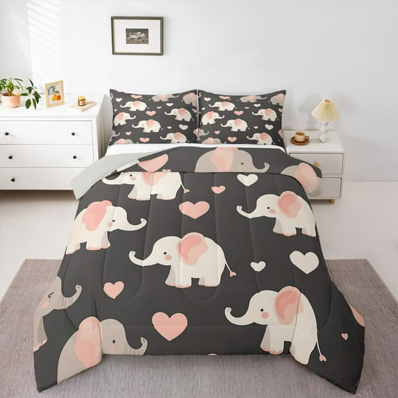 Castle Fairy Kawaii Elephants 3 Pieces Queen Comforter Set for Boys Girls,Pink Love Heart Print Ultra Soft Bedding Sets,Cartoon Animal Bedding Comforter Set Breathable,Luxury Bedroom Decor