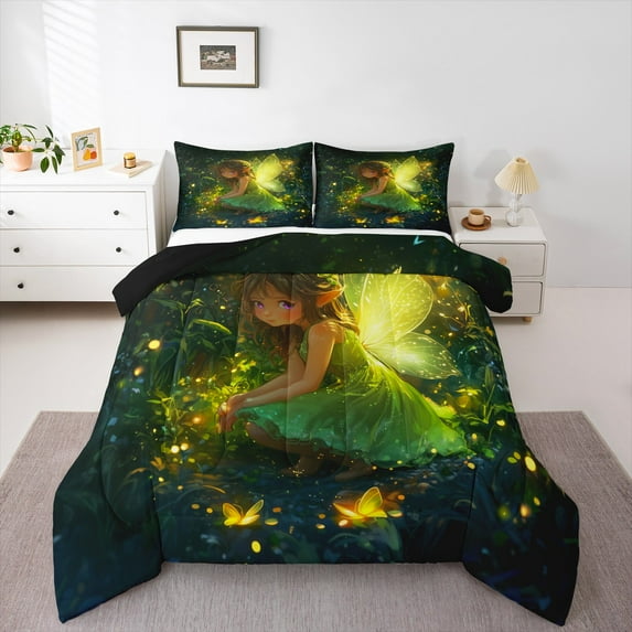 Castle Fairy Kawaii Fairy 2Pcs Bedding Comforter Set for Girls Women Kids,Elf Princess Twin Comforter Sets,Cartoon Anime Girl Breathable Bedding Set,Super Cozy Room Decor
