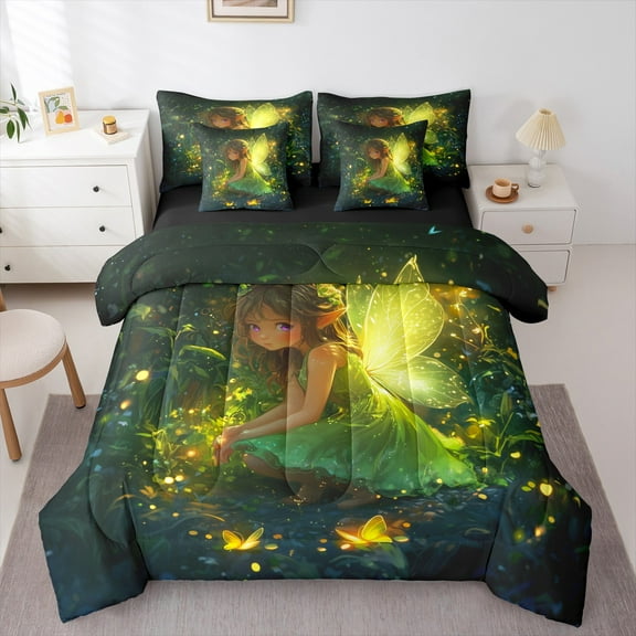 Castle Fairy Kawaii Fairy 7-Piece Bedding Comforter Set for Girls Women Kids,Elf Princess King Bedding Sets,Cartoon Anime Girl Ultra Soft Bed Sheets,Super Cozy Room Decor