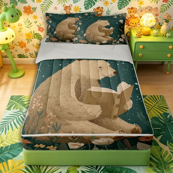 Castle Fairy Kawaii Floral Reading Bear Zipper Full Size Comforter Sets with Fitted Sheet and 2 Pillowcases,Cute Animal Wildflower Zipper Bedding Set,Sage White Orange,Grey Reversible,4pcs