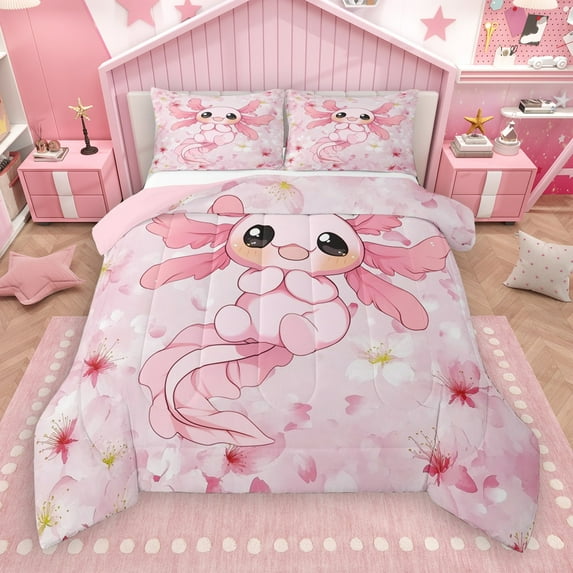 Castle Fairy Kawaii Flower Axolotl 3 Pieces Queen Comforter Set for Children Teens,Cherry Blossom Sakura Ultra Soft Bedding Sets,Cartoon Salamander Bedding Comforter Set,Lightweight Room Decor