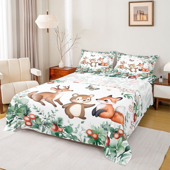 Castle Fairy Kawaii Fox Deer Bear Bed Sheets,Cartoon Jungle Animal King Sheets