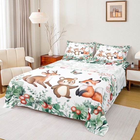 Castle Fairy Kawaii Fox Deer Bear Twin Sheet Sets,Cartoon Jungle Animal Bedding
