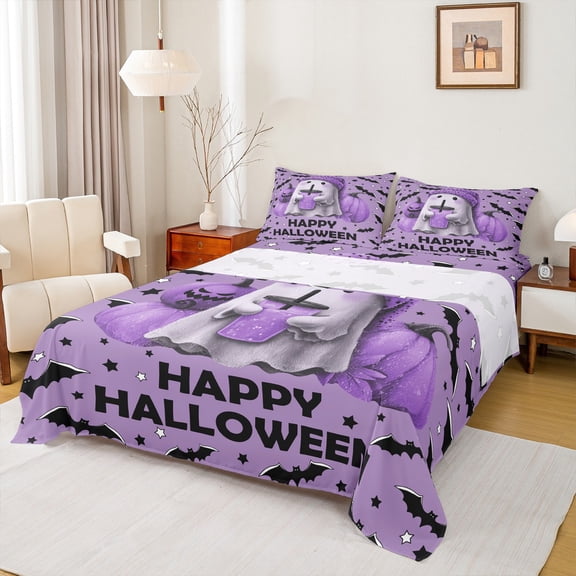 Castle Fairy Kawaii Ghost 4 Pieces Queen Sheet Sets for Teens,Halloween Pumpkin Ultra Soft Flat Sheet,Black Purple Queen Fitted Sheet,Ultra Soft Home Decor