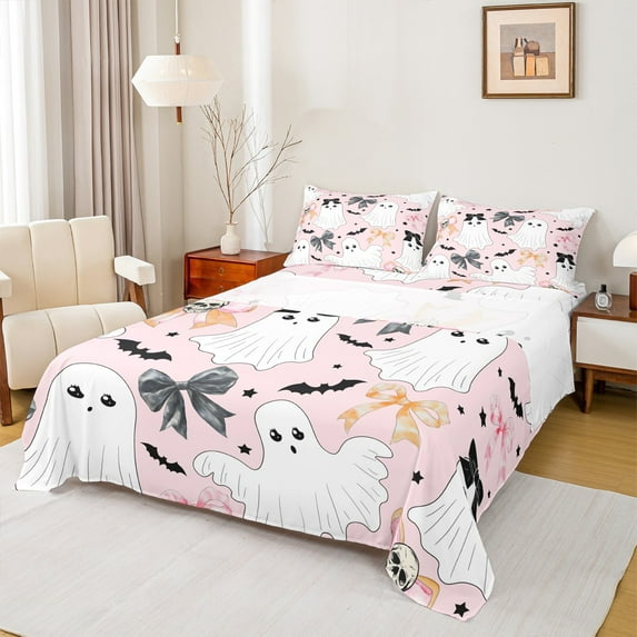Castle Fairy Kawaii Ghost Girl 3pcs Twin Sheet Sets,Halloween Skull Twin Fitted Sheet,Cute Bowknot Breathable Flat Sheet,Luxury Bedroom Decor