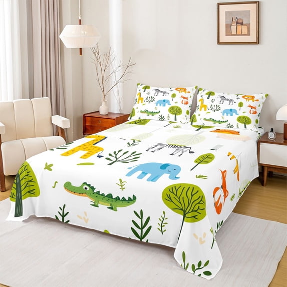 Castle Fairy Kawaii Giraffe Elephant Zebra Fox Twin Sheet Sets,Cartoon Wildlife Bedding