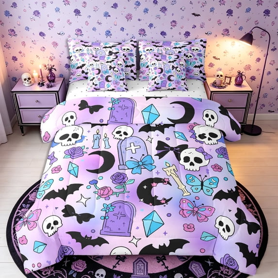 Castle Fairy Kawaii Goth Skull Bat Full Size Bedding Sets 7 Pieces,Halloween Butterfly Moon Rose Full Size Bed in a Bag,Lilac Purple Black,Reversible