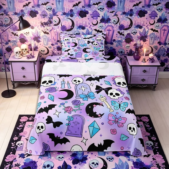 Castle Fairy Kawaii Goth Skull Bat Twin Sheets 3pcs,Halloween Butterfly Moon Rose Bedding,Lilac Purple Black,1 Fitted Sheet,1 Flat Sheet and 1 Pillowcase