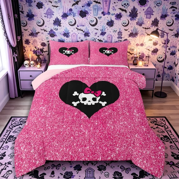 Castle Fairy Kawaii Goth Skull Queen Comforter Set 3 Pieces,Bow Skeleton Glitter Heart Graphic Comforter Sets Queen,Pink Blacks,1 Comforter and 2 Pillowcases,Pink Reversible