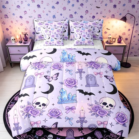Castle Fairy Kawaii Gothic Skull Bat Queen Bedding 7pcs,Rose Crystal Butterfly Bedding Comforter Set Queen,Ivory Light Purple,Reversible