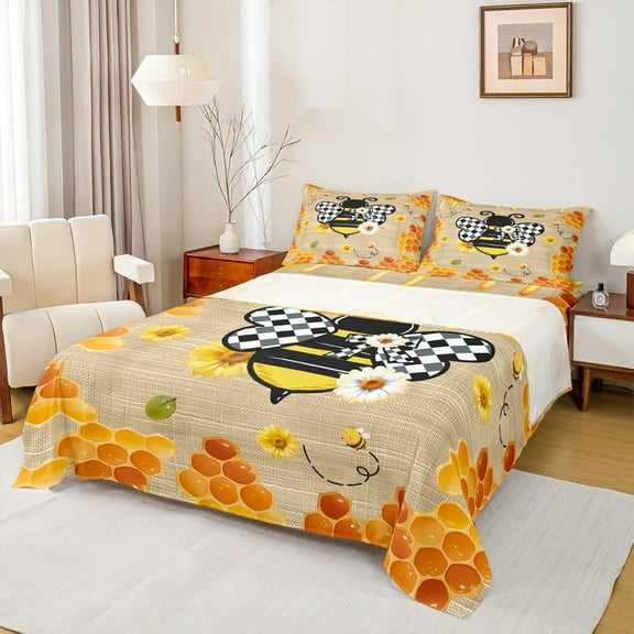 Castle Fairy Kawaii Honeybee 4-Piece Full Size Sheets,Plaid Honeycomb Bed Sheets,Chic Flower Lightweight Sheet Sets,Breathable Geometric Home Decor
