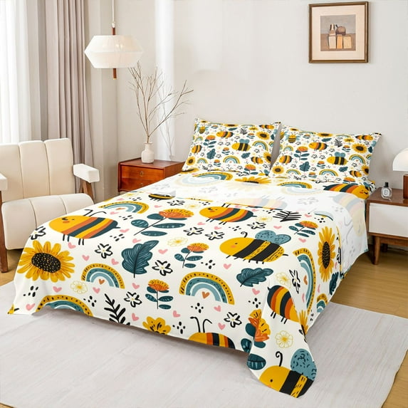 Castle Fairy Kawaii Honeybee Queen Sheet Sets for Preppy Children,Cartoon Rainbow Bed Set
