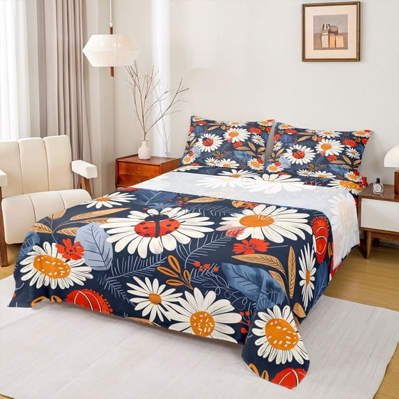 Castle Fairy Kawaii Ladybug Queen Sheet Sets,Vintage Floral Flowers Bed Set