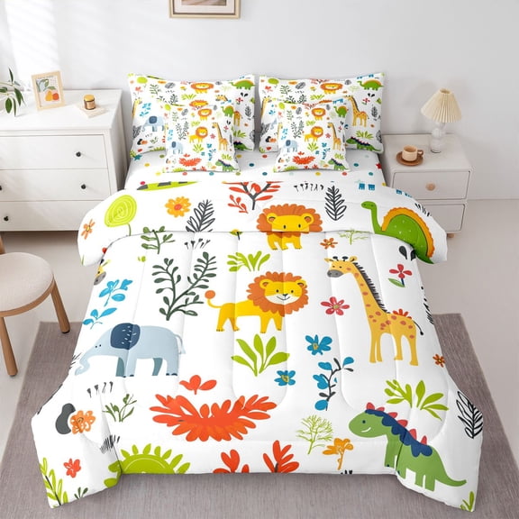 Castle Fairy Kawaii Lion Elephant Giraffe Bedding Comforter Set,Wildlife Full Bedding Set