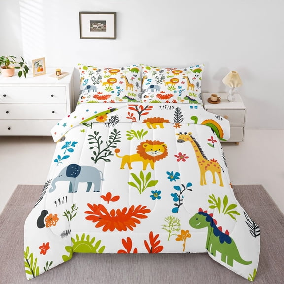 Castle Fairy Kawaii Lion Elephant Giraffe Twin Comforter Sets,Cartoon Wildlife Bedding Set