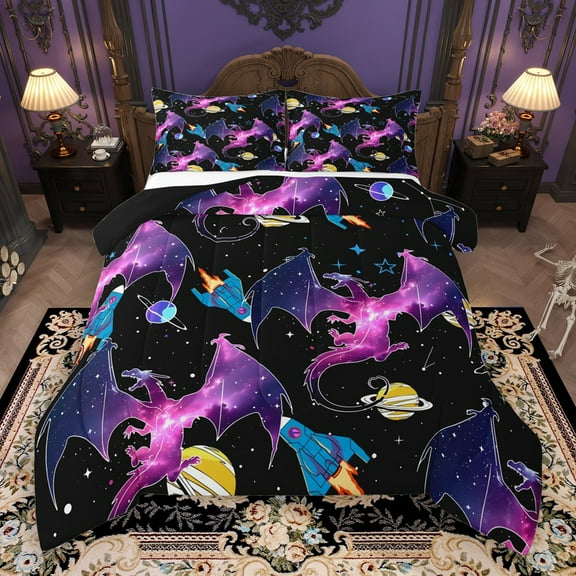 Castle Fairy Kawaii Magical Dragon 2Pcs Bedding Comforter Set Preppy Boys Girls,Galaxy Universe Twin Comforter Sets,Starry Sky Breathable Bedding Set,Super Cozy Room Decor
