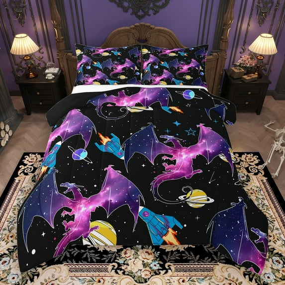 Castle Fairy Kawaii Magical Dragon 2Pcs Bedding Comforter Set Preppy Boys Girls,Galaxy Universe Twin Comforter Sets,Starry Sky Breathable Bedding Set,Super Cozy Room Decor