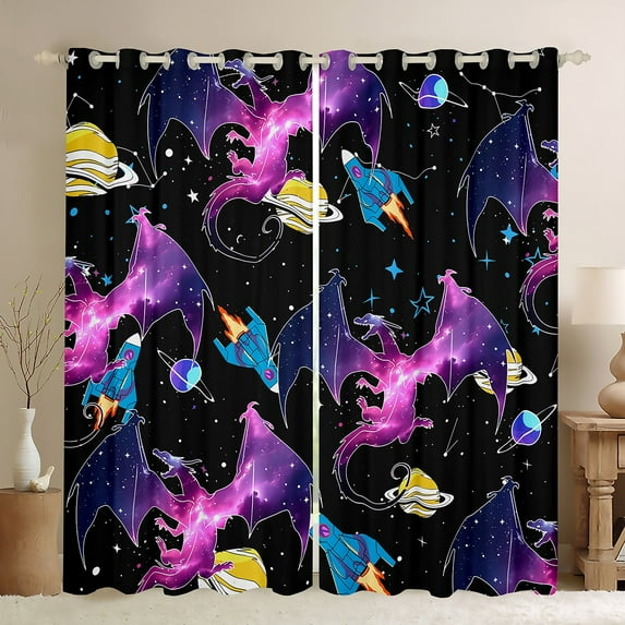 Castle Fairy Kawaii Magical Dragon Black Out Curtains Preppy Boys Girls,Galaxy Universe Curtains Pack Of 2 (42X63 Each),Starry Sky Bedroom Curtains,Super Cozy Room Decor
