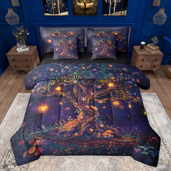 Castle Fairy Kawaii Magical Mushroom Bedding Comforter Set 7 Pieces for Child Teenagers,Chic Floral Tree Full Bedding Set Lightweight,Cartoon Fairy Tale Plants Fitted Sheet Flat Sheet