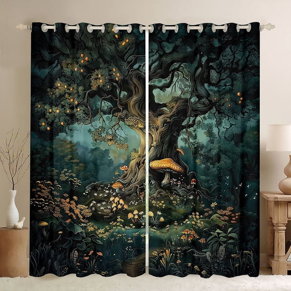 Castle Fairy Kawaii Magical Mushroom Blackout Curtains Set of 2 (52x84 Each) for Child Teenagers,Chic Floral Botanical Tree Window Curtains,Vintage Aesthetic Curtains and Drapes,Luxury Bedroom Decor