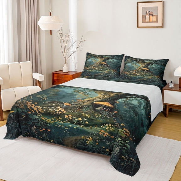 Castle Fairy Kawaii Magical Mushroom Twin Sheet Sets 3pcs for Child Teenagers,Chic Floral Botanical Tree Twin Fitted Sheet Microfiber,Vintage Aesthetic Breathable Flat Sheet,Luxury Bedroom Decor