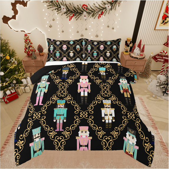 Castle Fairy Kawaii Nutcracker 2pcs Bedding Comforter Set,Geometric Lattice Twin Comforter Sets,Festival Xmas Breathable Bedding Set,Lightweight Room Decor