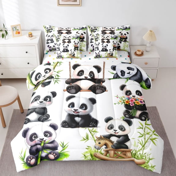 Castle Fairy Kawaii Panda Bedding Comforter Set 7pcs for Kids Children,Cartoon Animal Queen Bedding Sets Super Cozy,Green Leaves Chic Flowers Queen Sheet Sets,Super Cozy Room Decor,Reversible