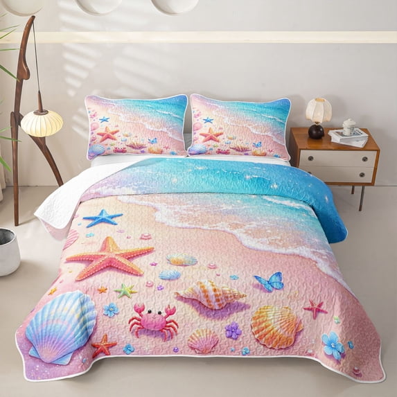 Castle Fairy Kawaii Pastel Beach Scene Twin Quilt Set,Crab Butterfly Seashell Sand Print Twin Coverlet Set,Pink Sky