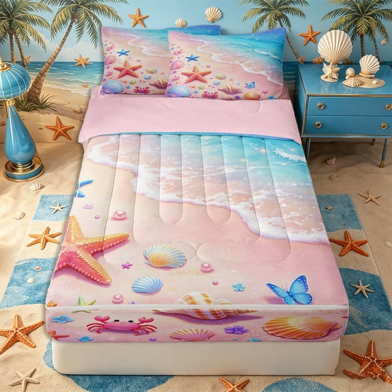 Castle Fairy Kawaii Pastel Beach Scene Zipper Twin Comforter Sets with Fitted Sheet and 2 Pillowcases,Crab Butterfly Seashell Sand Print Zipper Bedding Set,Pink Sky,Pink Reversible,4-Piece