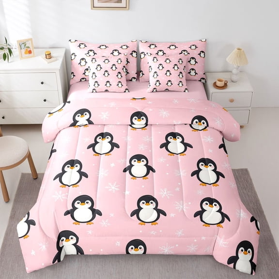 Castle Fairy Kawaii Penguin Bedding Comforter Set,Winter Snowflakes King Bedding Sets